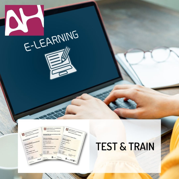 computer con schermata con scritto "elearning" e in sovraimpressione logo ah e scritta "test&train"