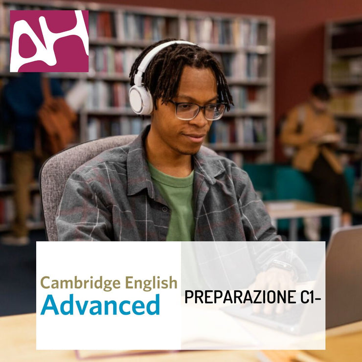 Ragazzo al computer con in sovraimpressione logo AH e logo Advanced e la scritta "PREPARAZIONE C1-"