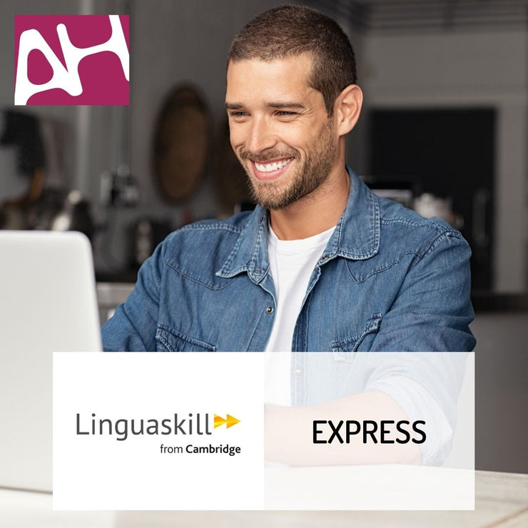 uomo che sorride al pc con in sovraimpressione logo AH e logo linguaskill e la scritta "Express"