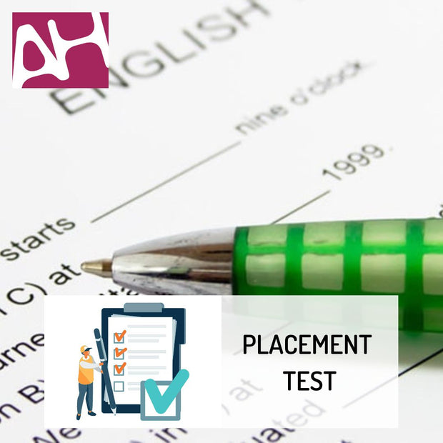 Zoom con foglio e penna, con in sovraimpressione logo AH e scritta "placement test"